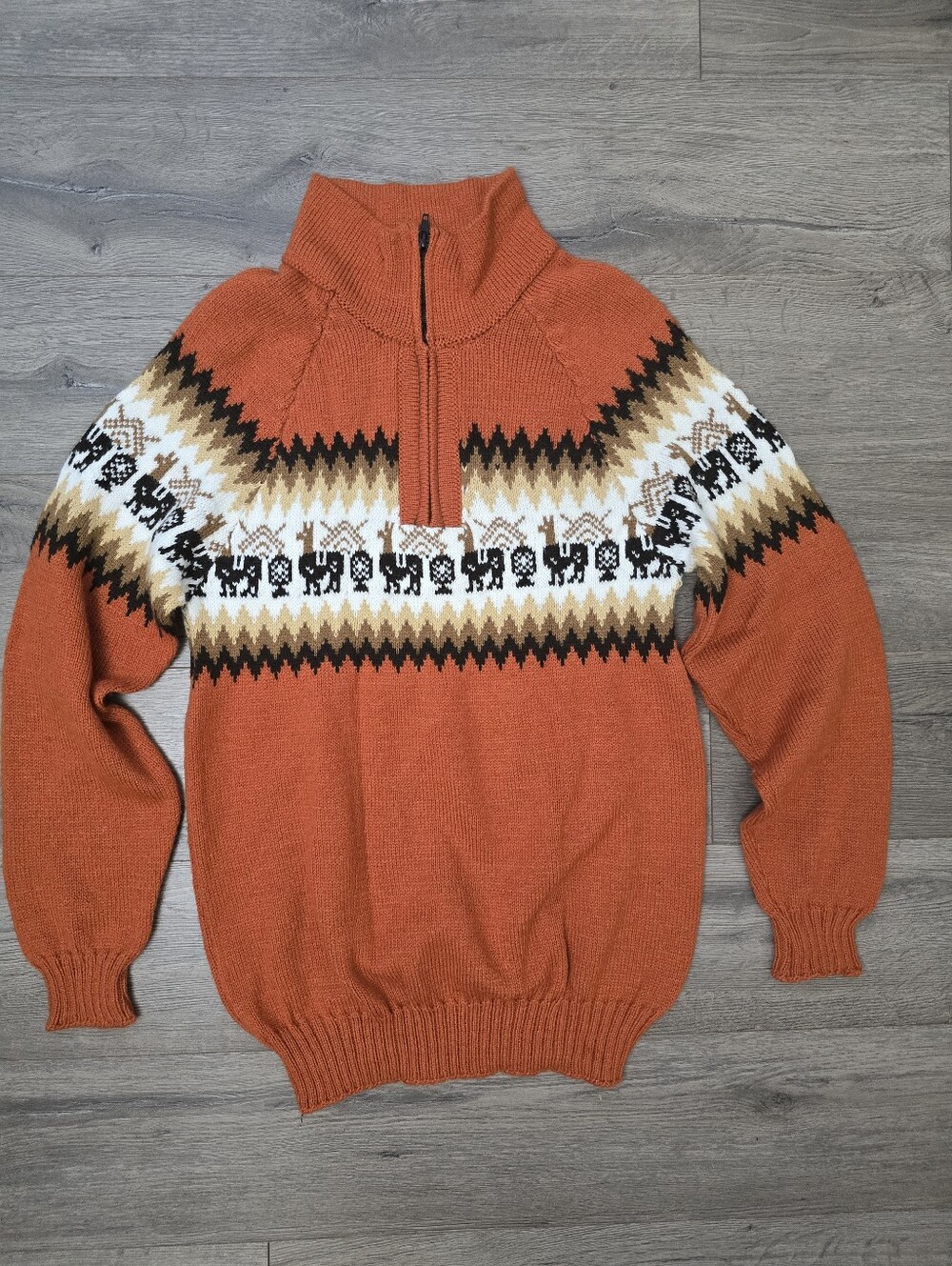 Alpaca wool quarter-zip sweater Deep Orange Geo Llama Pattern Sz Small